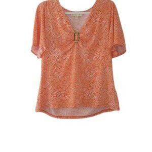MICHAEL Michael Kors Womens Ruched V Neck Blouse Tangerine Logo Hardware L New